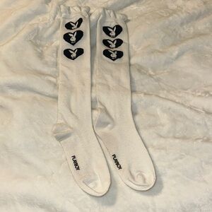 PLAYBOY White Knee-High Socks with Black Heart & Bunny Logos